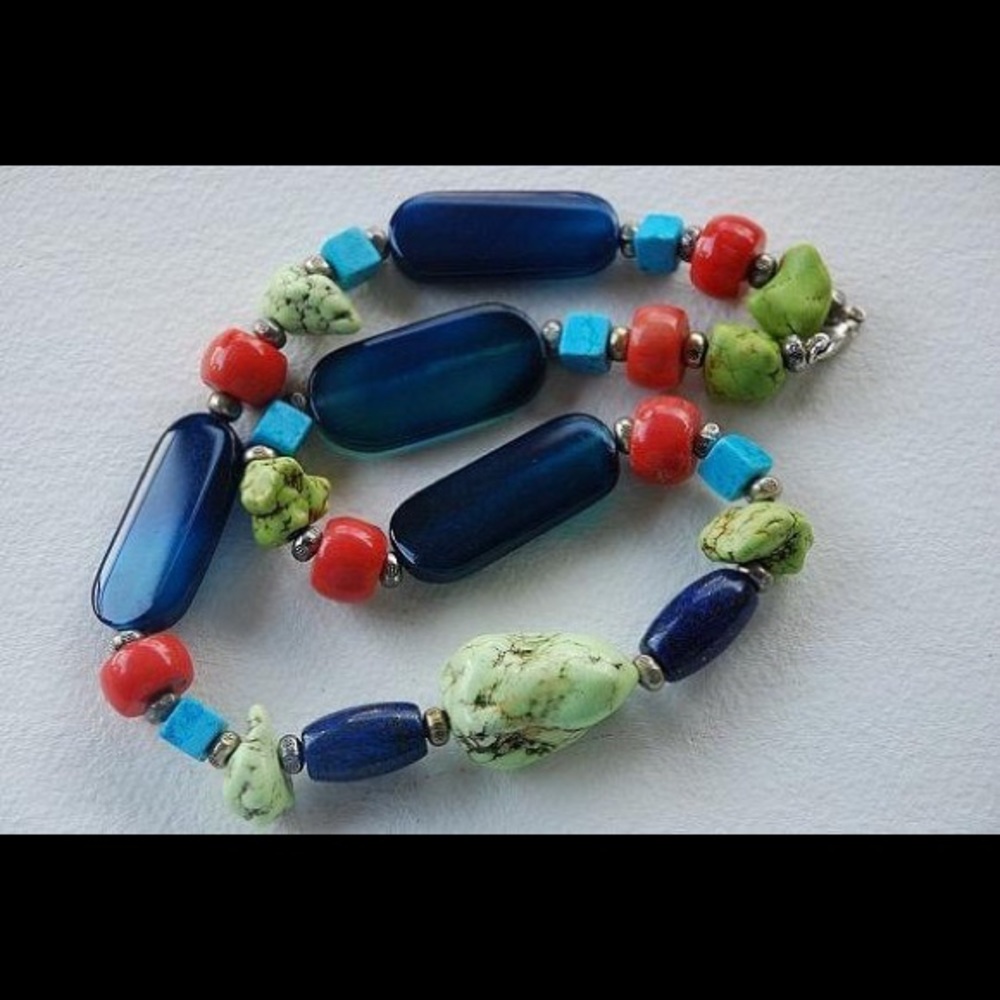 Boho Sterling Turquoise Agate Lapis Coral necklace